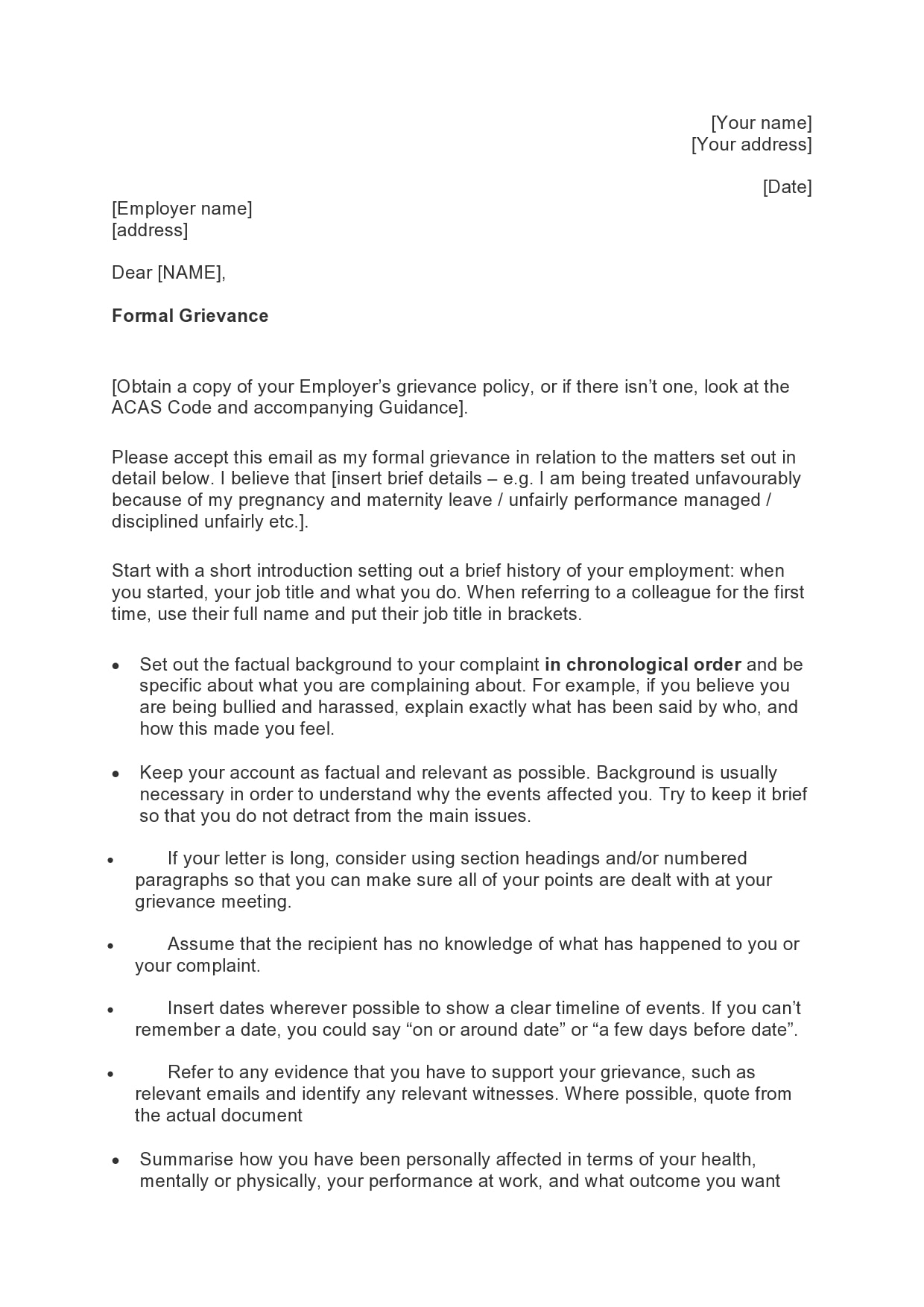 20 Formal Grievance Letter Templates (+Examples) In Formal Letter Of Complaint To Employer Template