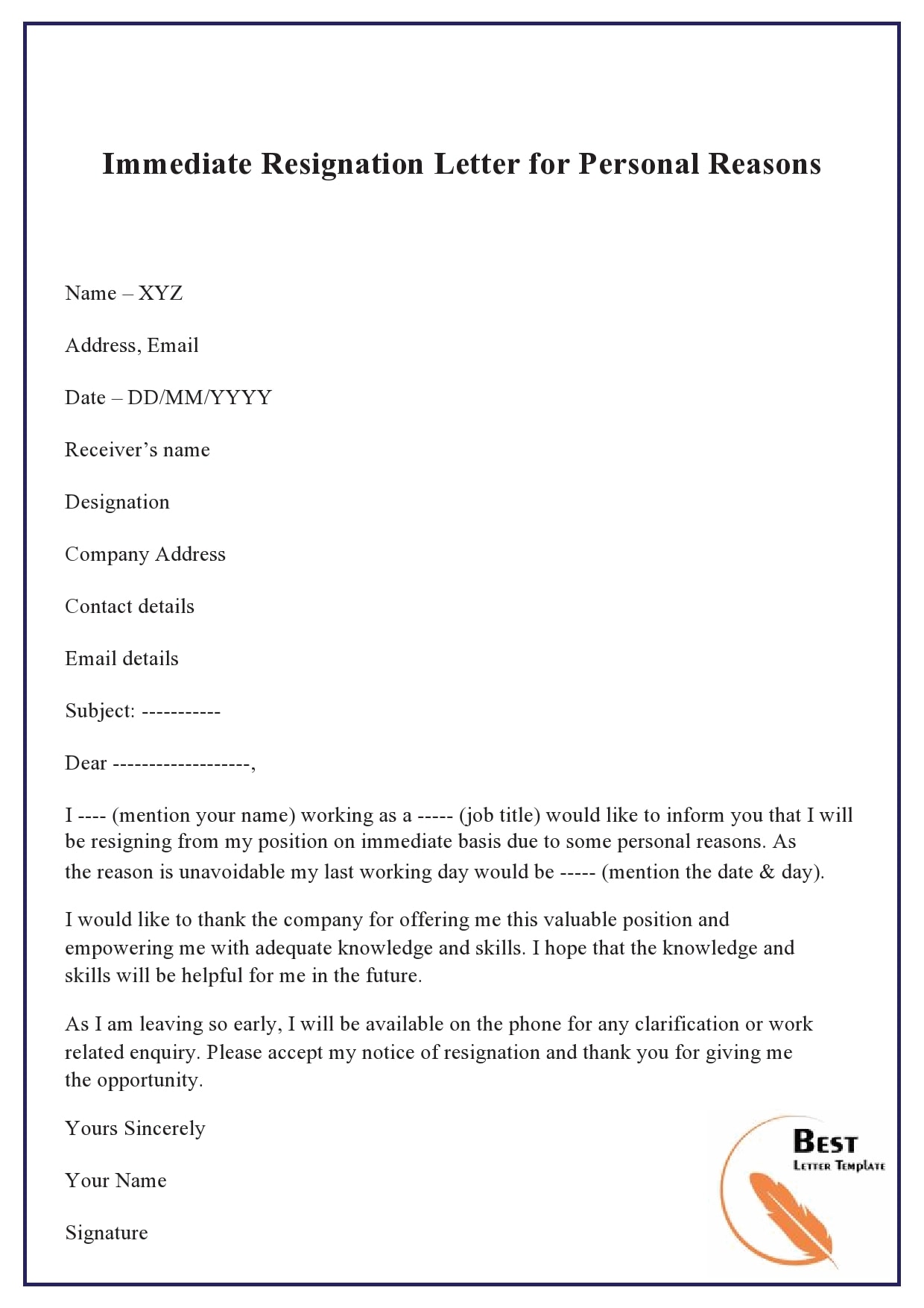 Inspirating Info About Example Of Resignation Letter With Reason Blank Cv Template To Print 