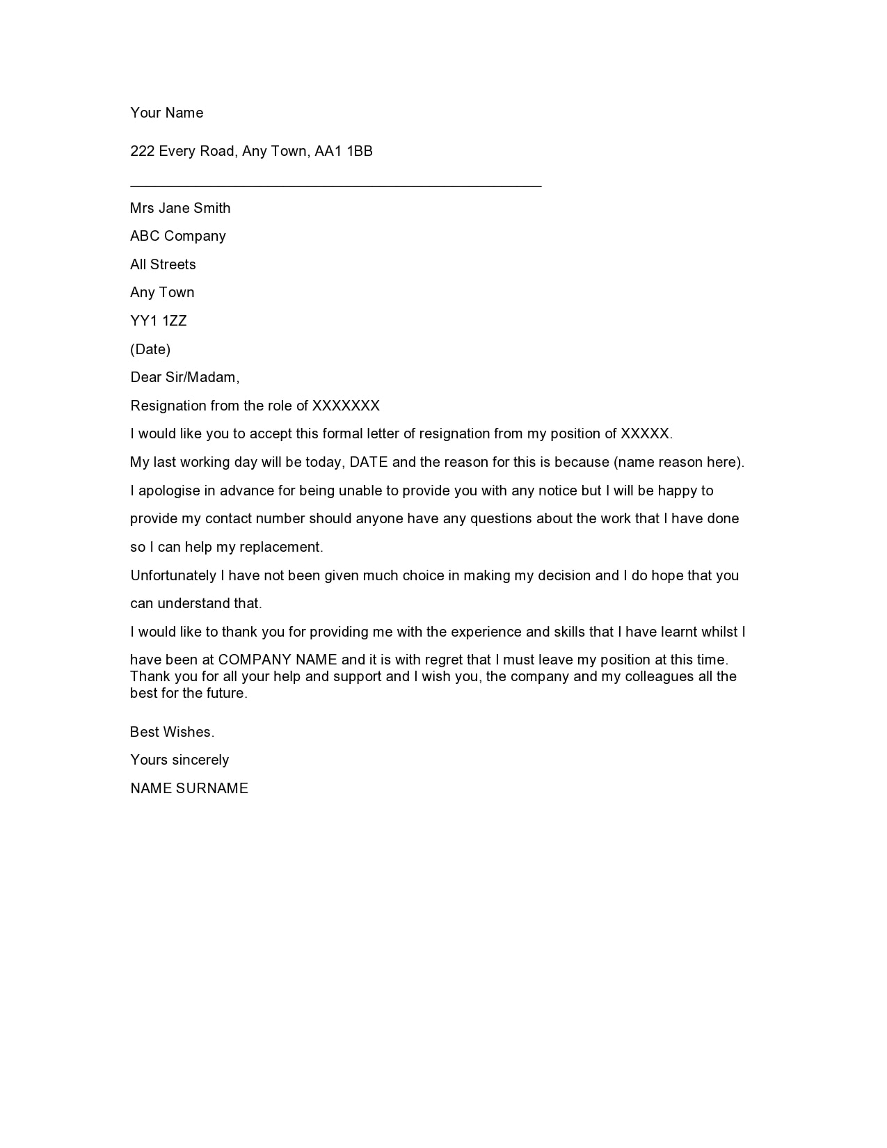 Letter Of Resignation Template Immediate Effect Sample Resignation ...