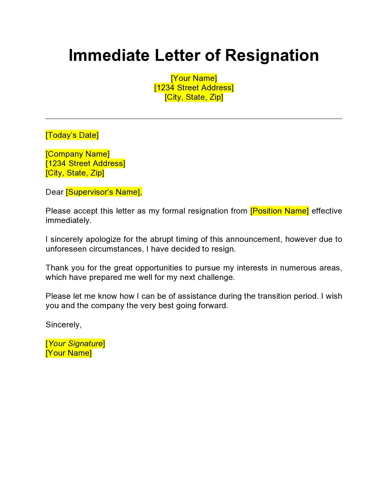 29 Immediate Resignation Letters Free Samples