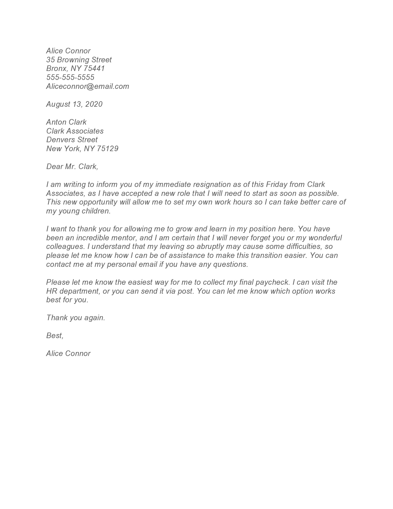 Resignation Letter With Immediate Effect No Notice Template