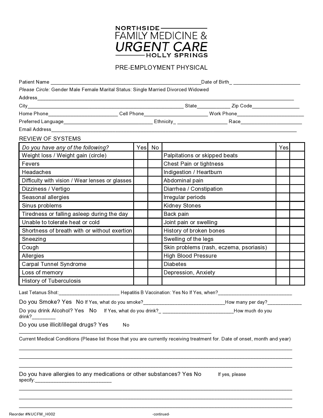 Pre Employment Physical Forms Printable ProjectOpenLetter com